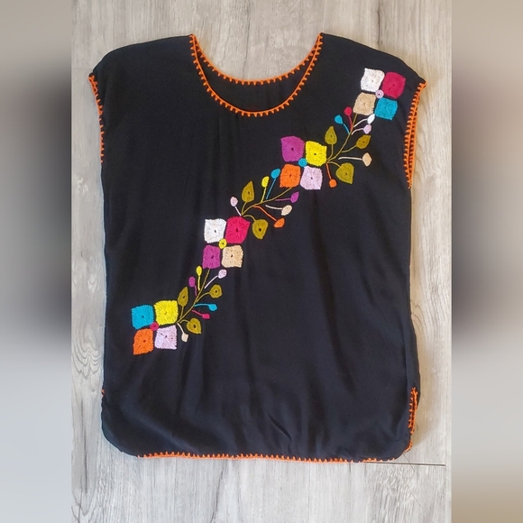 Tops - Mexican Embroidered Black Top with Colorful Floral Design Size Small